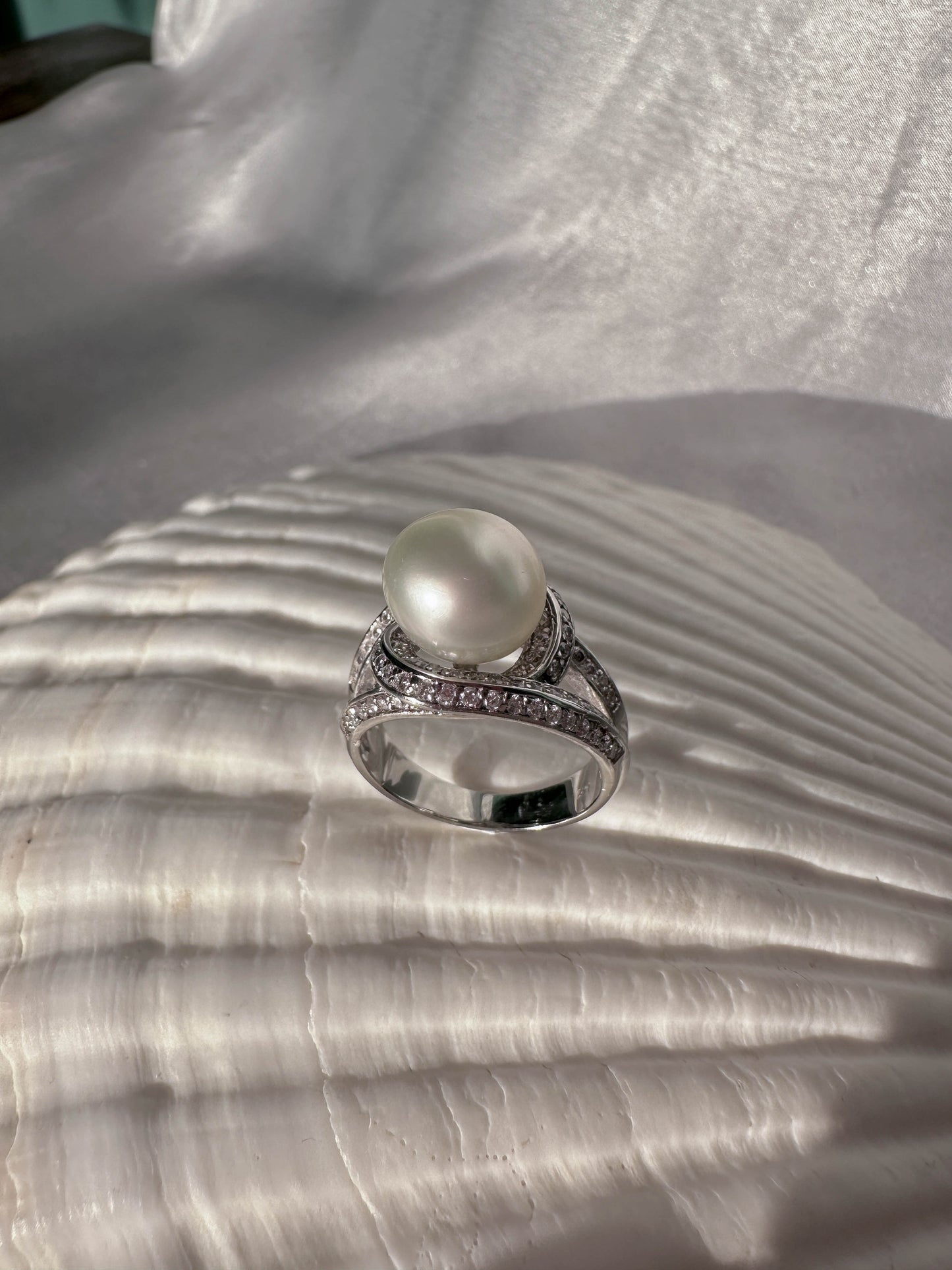 White Gold Cultured Pearl Ring with Pave Diamonds