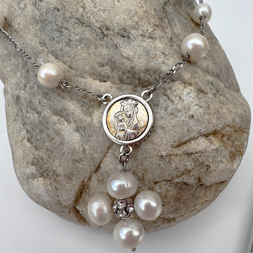 Fresh Water Pearl & Sterling Silver Mother Mary Necklace