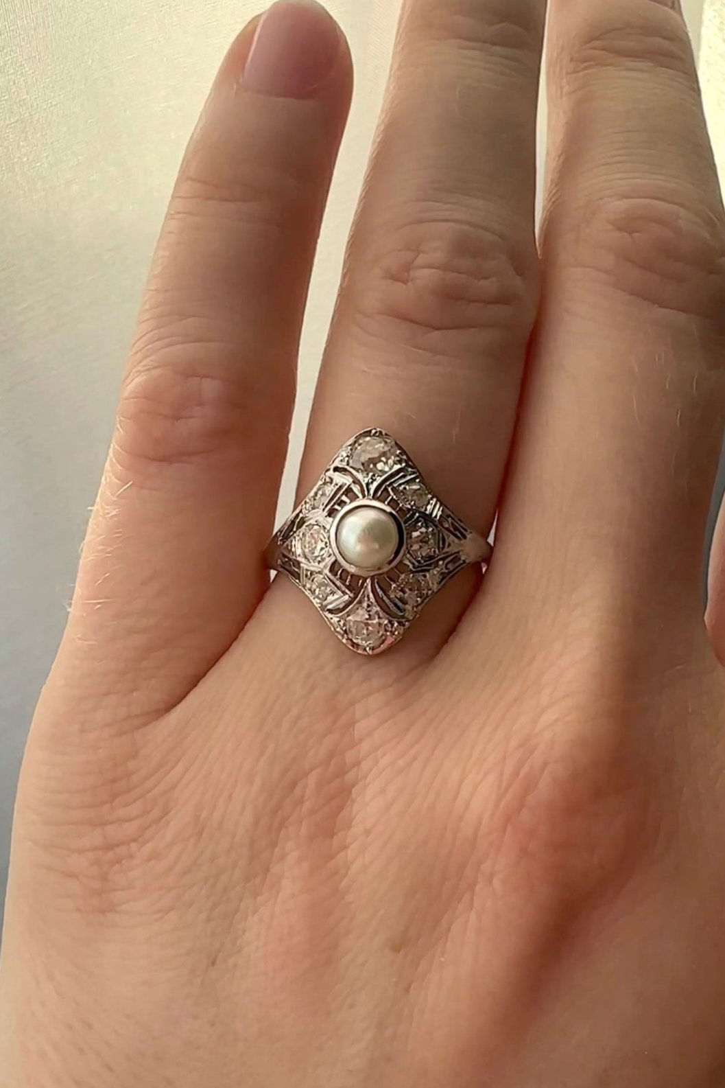 Art Deco 14k White Gold Diamond and Pearl Ring