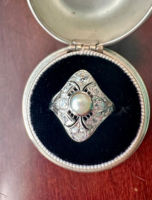 Art Deco 14k White Gold Diamond and Pearl Ring