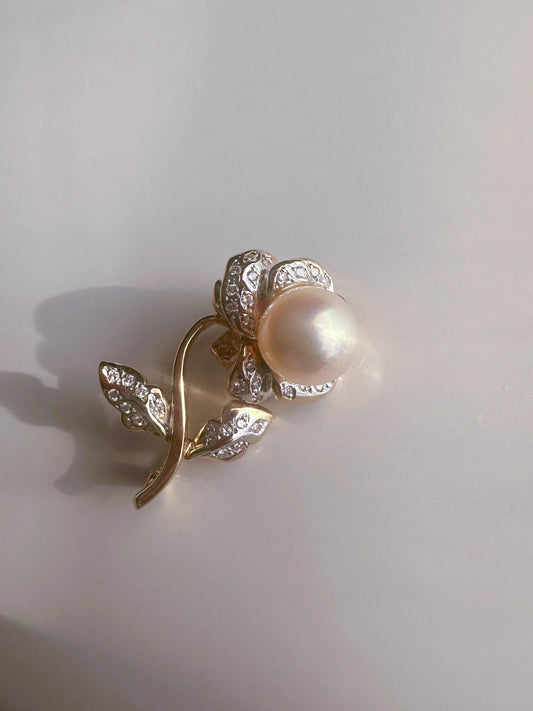 Diamond and Pearl Rose Brooch