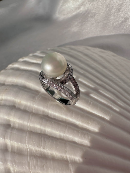 White Gold Cultured Pearl Ring with Pave Diamonds