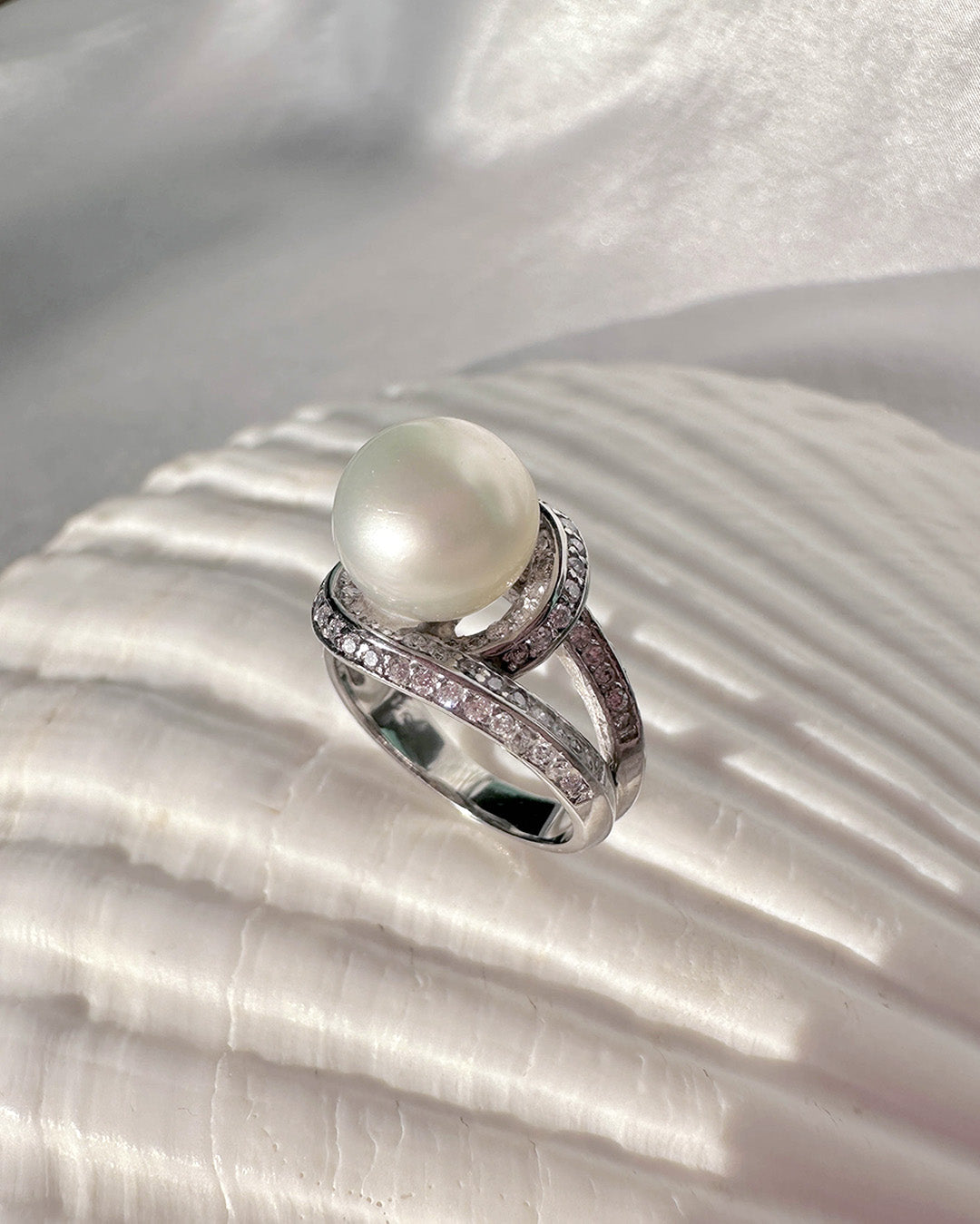 White Gold Cultured Pearl Ring with Pave Diamonds