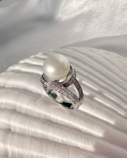 White Gold Cultured Pearl Ring with Pave Diamonds