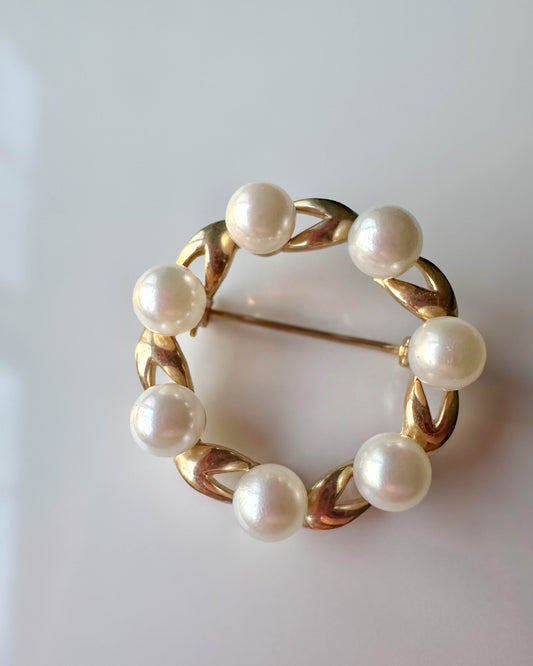 Vintage 14k Yellow Gold and Cultured Pearl Brooch